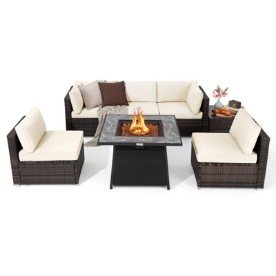 Tangkula Set Of 7 Patio Furniture Set W/ 35" Propane Gas Fire Pit Table & Waterproof Cover 9 Tangkula Set Of 7 Patio Furniture Set W/ 35" Propane Gas Fire Pit Table & Waterproof Cover - Image 9