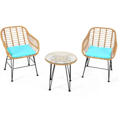 Tangkula 3 Pieces Patio Furniture Set W/Tempered Glass Coffee Table Set For Garden And Backyard White/Red/Turquoise/Grey/Black Cushions 12 Tangkula 3 Pieces Patio Furniture Set W/Tempered Glass Coffee Table Set For Garden And Backyard White/Red/Turquoise/Grey/Black Cushions - Image 12