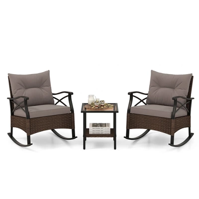 Tangkula 3 Pieces Outdoor Rocking Chairs Set Rattan Heavy Duty Cushioned Rocker Chairs With 2-Tier Tempered Glass Coffee Table 9 Tangkula 3 Pieces Outdoor Rocking Chairs Set Rattan Heavy Duty Cushioned Rocker Chairs With 2-Tier Tempered Glass Coffee Table - Image 9