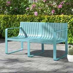 Tangkula Patio Loveseat 2-Person Bench W/ Curved Backrest Slatted Design For Backyard
