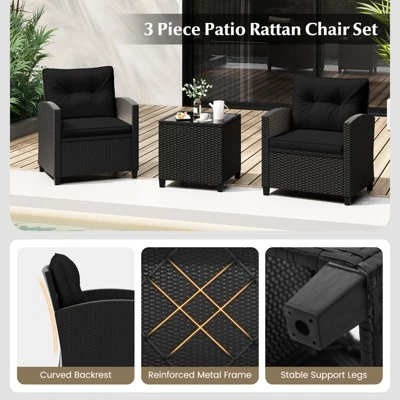 Tangkula 3 Piece Patio Furniture Set, Rattan Conversation Set W/Soft Seat & Back Cushions, Tempered Glass Topped Coffee Table Black 7 Tangkula 3 Piece Patio Furniture Set, Rattan Conversation Set W/Soft Seat & Back Cushions, Tempered Glass Topped Coffee Table Black - Image 7