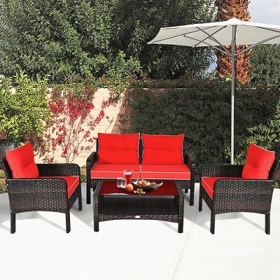 Tangkula 4 Piece Patio Conversation Set Rattan Wicker Loveseat Sofa Coffee Table & Glass Top Red/Turquoise Cushions 2 Tangkula 4 Piece Patio Conversation Set Rattan Wicker Loveseat Sofa Coffee Table & Glass Top Red/Turquoise Cushions - Image 2