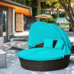 Tangkula Cushioned Patio Rattan Round Daybed W/ Adjustable Table 3 Pillows Turquoise -Tangkula Shop GUEST 83967673 0678 4d93 94c2 8d431ca867f4