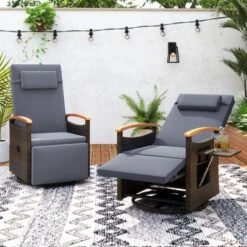 Tangkula Set of 2 Patio Rattan 360° Swivel Recliner Chairs with Side Table