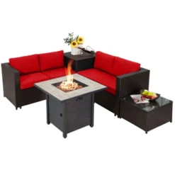 Tangkula 5-Piece Patio Furniture Set With 30 Inches Gas Fire Pit Table Outdoor PE Wicker Sectional Sofa Set With Cushions Red/Beige/Navy/Turquoise -Tangkula Shop GUEST 83f6d0f7 1a26 48cf 92cb 99552a2061c3