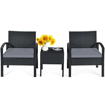 Tangkula 3 Pieces Patio Set Outdoor Wicker Rattan Furniture W/ Cushions Gray 3 Tangkula 3 Pieces Patio Set Outdoor Wicker Rattan Furniture W/ Cushions Gray - Image 3