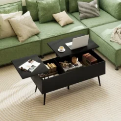 Tangkula Lift Top Coffee Table W/ Split Top & 2 Hidden Compartments Tapered Metal Legs