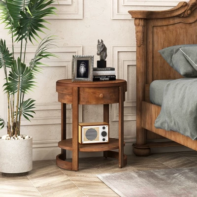 Tangkula 2-Tier Nightstand W/ Shelf & Wood Grains Drawer Round White/Brown 2 Tangkula 2-Tier Nightstand W/ Shelf & Wood Grains Drawer Round White/Brown - Image 2
