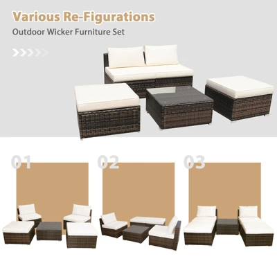 Tangkula 5-Piece Outdoor Rattan Wicker Sofa Set Lounge Chair With White Cushions 2 Tangkula 5-Piece Outdoor Rattan Wicker Sofa Set Lounge Chair With White Cushions - Image 2