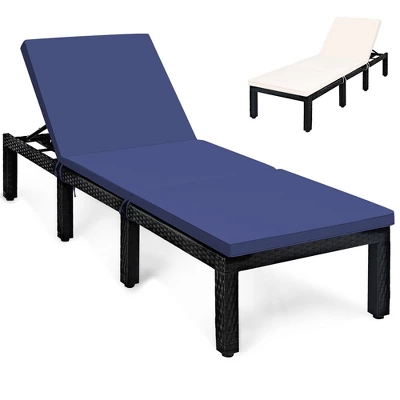 Tangkula Patio Lounge Chair Rattan Chaise W/ Adjustable Navy/Red & Off White Cushioned 7 Tangkula Patio Lounge Chair Rattan Chaise W/ Adjustable Navy/Red & Off White Cushioned - Image 7