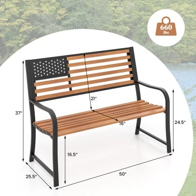 Tangkula 50” Outdoor Garden Bench 2-Person Metal Patio Chair With Flag Pattern Backrest & Rustic Wood Grain Finish 8 Tangkula 50” Outdoor Garden Bench 2-Person Metal Patio Chair With Flag Pattern Backrest & Rustic Wood Grain Finish - Image 8