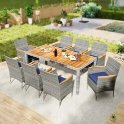 Tangkula 9 Pieces Patio PE Wicker Dining Set Outdoor Acacia Wood Table & Chairs