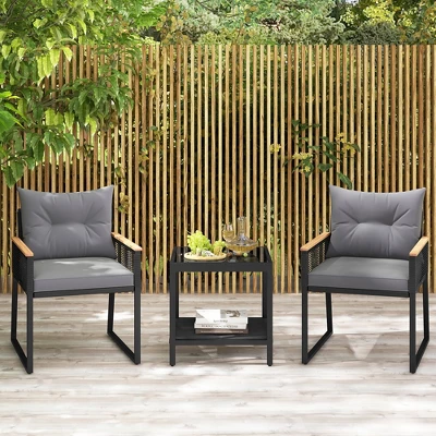 Tangkula 3 PCS Patio Furniture Set PE Rattan Wicker Chairs W/ 2 Tier Coffee Table Soft Back 2 Tangkula 3 PCS Patio Furniture Set PE Rattan Wicker Chairs W/ 2 Tier Coffee Table Soft Back - Image 2