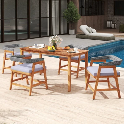Tangkula 5-Piece Patio Dining Set - Solid Acacia Wood & Rattan Chairs with Cushions 1 Tangkula 5-Piece Patio Dining Set - Solid Acacia Wood & Rattan Chairs with Cushions