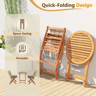 Tangkula 3 Piece Patio Wood Bistro Set Folding Table Chair Set W/Soft Seat Cushions Acacia Wood Frame High-Back Portable Chairs 4 Tangkula 3 Piece Patio Wood Bistro Set Folding Table Chair Set W/Soft Seat Cushions Acacia Wood Frame High-Back Portable Chairs - Image 4