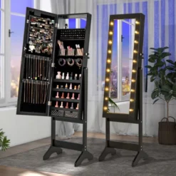 Tangkula Jewelry Armoire Cabinet Standing Lockable Jewelry Organizer With Lighted Full-Length Mirror Black/Rustic Brown/White -Tangkula Shop GUEST 86ce8687 aba1 41a7 b7de d12caeede512