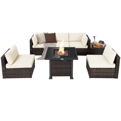 Tangkula 7-Piece Outdoor Rattan Sectional Sofa Set with 50,000 BTU Propane Fire Pit Table 12 Tangkula 7-Piece Outdoor Rattan Sectional Sofa Set with 50,000 BTU Propane Fire Pit Table - Image 12