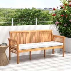 Tangkula 3 Person Outdoor Bench, 62.5" Acacia Wood Patio Sofa With Curved Armrests And Removable Seat Cushion -Tangkula Shop GUEST 87347c33 bfe3 48cd bb6a dd984758d24b