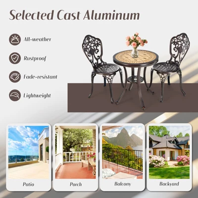 Tangkula 3-Piece Cast Aluminum Bistro Set Outdoor Patio Bistro Table Set Outdoor Round Bistro Table And Chairs For Porch 3 Tangkula 3-Piece Cast Aluminum Bistro Set Outdoor Patio Bistro Table Set Outdoor Round Bistro Table And Chairs For Porch - Image 3