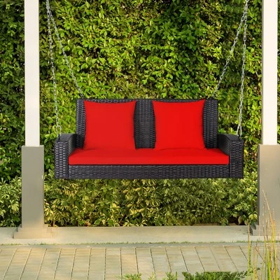 Tangkula Outdoor Wicker Porch Swing Bench 2-Person Patio Rattan Swing Chair W/ Soft Cushions White/Turquoise/Red/Black 2 Tangkula Outdoor Wicker Porch Swing Bench 2-Person Patio Rattan Swing Chair W/ Soft Cushions White/Turquoise/Red/Black - Image 2