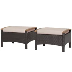 Tangkula Outdoor PE Wicker Ottoman Set Of 2 Patio Rattan Footrest Seat With Soft Cushions & Curved Acacia Wood Handles Beige/Navy Blue/Red/Off White -Tangkula Shop GUEST 8758522b 8e33 4e30 8147 467b3868a593