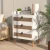 Tangkula Modern Nightstand End Bedside Table W/ 3 Rattan Drawers & Solid Wood Legs White