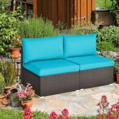 Tangkula 2PCS Patio Wicker Rattan Sectional Armless Chair Sofa W/ Turquoise Cushion 12 Tangkula 2PCS Patio Wicker Rattan Sectional Armless Chair Sofa W/ Turquoise Cushion -Tangkula Shop GUEST 879d6401 667b 4f1f 9e0b 91fe66c03980