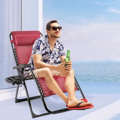 Tangkula Oversized Zero Gravity Lounge Chair Folding Recliner W/ Cup Holder & Pillow, Red 2 Tangkula Oversized Zero Gravity Lounge Chair Folding Recliner W/ Cup Holder & Pillow, Red - Image 2