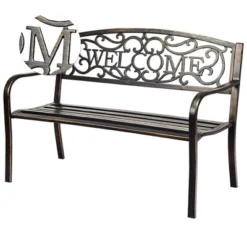 Tangkula Antique Metal Garden Bench with Welcome Pattern Armrests -Tangkula Shop GUEST 87ec72b2 496a 4543 a13f 44281cff90d4