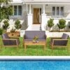 Tangkula 4PCS Patio Acacia Wood Furniture Set PE Rattan Conversation Set W/ Grey Cushions