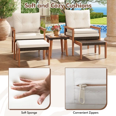 Tangkula 5 Pieces PE Rattan Patio Conversation Set Wicker Chairs With Square Coffee Table Ottomans & Soft Cushions 4 Tangkula 5 Pieces PE Rattan Patio Conversation Set Wicker Chairs With Square Coffee Table Ottomans & Soft Cushions - Image 4