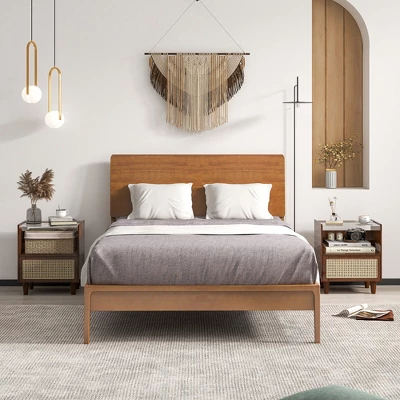 Tangkula 2PCS Bamboo Rattan Nightstand Boho Bedside End Table W/ Drawer Wood Legs 1 Tangkula 2PCS Bamboo Rattan Nightstand Boho Bedside End Table W/ Drawer Wood Legs