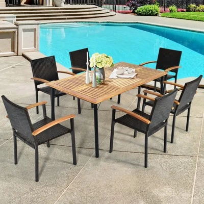 Tangkula 7-Piece Outdoor Rattan Dining Set with Acacia Wood Table 1 Tangkula 7-Piece Outdoor Rattan Dining Set with Acacia Wood Table