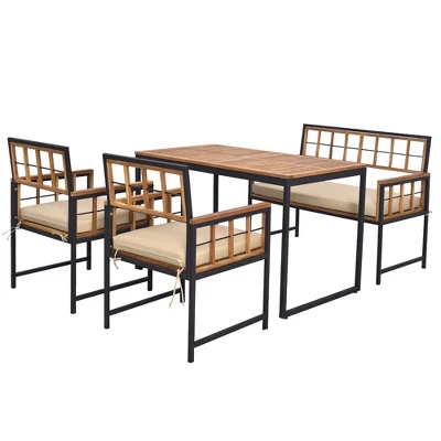 Tangkula 4 Pieces Acacia Wood Patio Dining Set W/ 1 Rectangular Table & 1 Loveseat & 2 Armchairs 1 Tangkula 4 Pieces Acacia Wood Patio Dining Set W/ 1 Rectangular Table & 1 Loveseat & 2 Armchairs