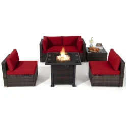 Tangkula 6 Piece Patio Wicker Conversation Set, Outdoor Rattan Sofa Set W/ 32" Propane Fire Pit Table, 50,000 BTU Heat, Tempered Glass Tabletop Black/Navy Blue/Red/Turquoise/Off White -Tangkula Shop GUEST 899f0cd1 e20e 4dee ba72 14b174e33fee