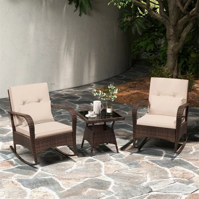 Tangkula 3PCS Outdoor Rocking Set Rattan Rocker Chairs W/ Tempered Glass Coffee Table Wicker Rocker Set 2 Tangkula 3PCS Outdoor Rocking Set Rattan Rocker Chairs W/ Tempered Glass Coffee Table Wicker Rocker Set - Image 2
