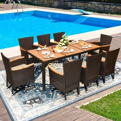 Tangkula 9PCS Rattan Patio Dining Set W/ 8 Stackable Cushioned Chairs Wooden Tabletop 1 Tangkula 9PCS Rattan Patio Dining Set W/ 8 Stackable Cushioned Chairs Wooden Tabletop