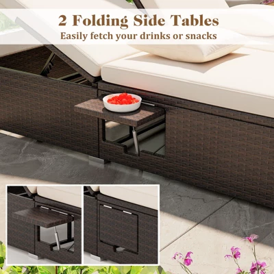 Tangkula Patio Double Chaise Lounge 6 Position Adjustable Wicker Recliner Bed With Cushions & Folding Side Trays 6 Tangkula Patio Double Chaise Lounge 6 Position Adjustable Wicker Recliner Bed With Cushions & Folding Side Trays - Image 6
