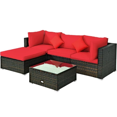 Tangkula 5-Piece Rattan Sectional Sofa Set: Modular Outdoor Patio Furniture with Red Cushions 9 Tangkula 5-Piece Rattan Sectional Sofa Set: Modular Outdoor Patio Furniture with Red Cushions - Image 9