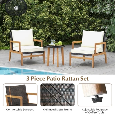 Tangkula 3-Piece Patio Wicker Chair and Side Table Set with Cushions 5 Tangkula 3-Piece Patio Wicker Chair and Side Table Set with Cushions - Image 5