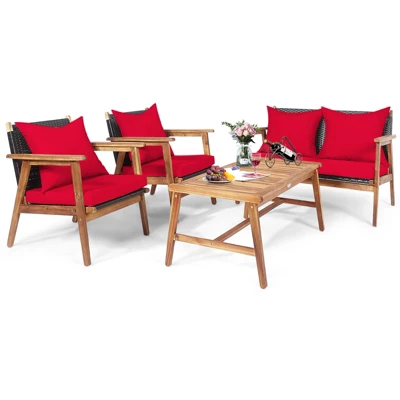 Tangkula 4-Piece Outdoor Rattan Conversation Set with Acacia Wood Frame 9 Tangkula 4-Piece Outdoor Rattan Conversation Set with Acacia Wood Frame - Image 9