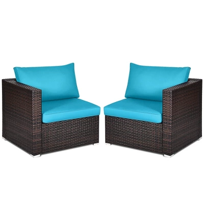 Tangkula 2PCS Rattan Corner Sofa Set Patio Outdoor Furniture Set W/ 4 Blue Cushions 1 Tangkula 2PCS Rattan Corner Sofa Set Patio Outdoor Furniture Set W/ 4 Blue Cushions