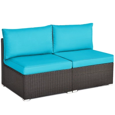 Tangkula 2PCS Patio Wicker Rattan Sectional Armless Chair Sofa W/ Turquoise Cushion 10 Tangkula 2PCS Patio Wicker Rattan Sectional Armless Chair Sofa W/ Turquoise Cushion - Image 10
