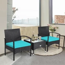 Tangkula 3 PCS Patio Wicker Rattan Furniture Set Coffee Table & 2 Rattan Chair W/ Cushion Turquoise -Tangkula Shop GUEST 8ca40fcf eeb2 4db7 ab37 ccbfa79aa038