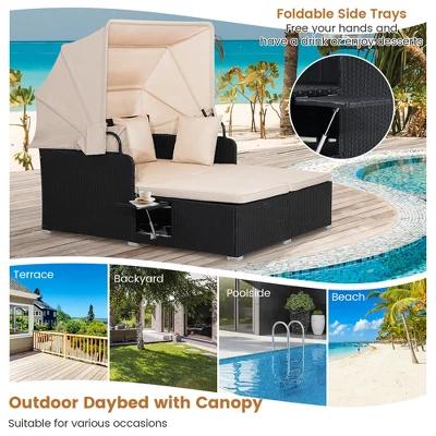 Tangkula Outdoor Wicker Lounge Daybed Hand-Woven PE Rattan Patio Loveseat Sofa Set With Retractable Canopy & 2 Side Tables With Soft Cushions Beige 3 Tangkula Outdoor Wicker Lounge Daybed Hand-Woven PE Rattan Patio Loveseat Sofa Set With Retractable Canopy & 2 Side Tables With Soft Cushions Beige - Image 3