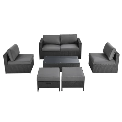 Tangkula 6PCS Patio Rattan Furniture Set Outdoor All Weather Wicker Conversation Set W/Cushioned Ottoman & Coffee Table 1 Tangkula 6PCS Patio Rattan Furniture Set Outdoor All Weather Wicker Conversation Set W/Cushioned Ottoman & Coffee Table