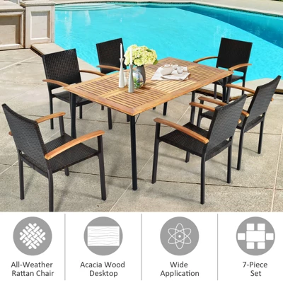Tangkula 7-Piece Outdoor Rattan Dining Set with Acacia Wood Table 4 Tangkula 7-Piece Outdoor Rattan Dining Set with Acacia Wood Table - Image 4