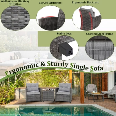 Tangkula 3-Piece Outdoor Wicker Conversation Set - Grey Rattan Patio Furniture with Tempered Glass Table 5 Tangkula 3-Piece Outdoor Wicker Conversation Set - Grey Rattan Patio Furniture with Tempered Glass Table - Image 5