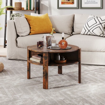 Tangkula 29.5" 2-Tier Round Coffee Table W/ Storage 4 Shelves Faux Wooden Top 3 Tangkula 29.5" 2-Tier Round Coffee Table W/ Storage 4 Shelves Faux Wooden Top - Image 3