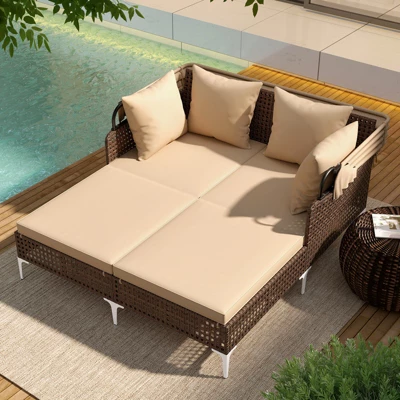 Tangkula Outdoor Daybed with Retractable Canopy & Cushioned Double Lounger 1 Tangkula Outdoor Daybed with Retractable Canopy & Cushioned Double Lounger